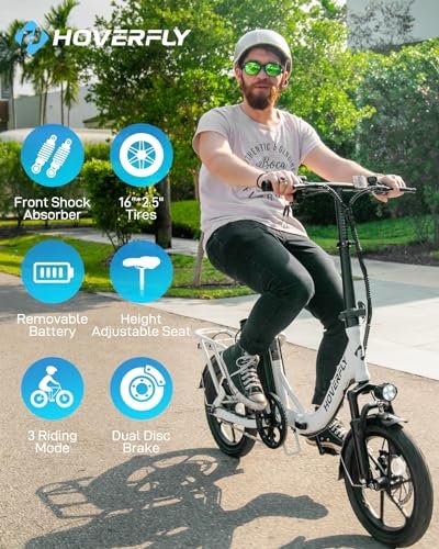 Hoverfly 16″ Electric Bike, Max Range 25Miles(Pedal-assist)&Max Speed 15.5Mph, 350W Folding E-Bike with Removable Battery, Front Suspension &Adjustable Seat, Commuter Electric Bicycle for Adults White