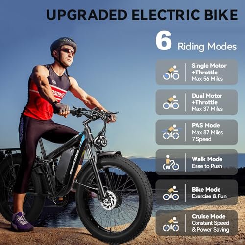 Electric Bike for Adults, Dual Motor 3000W(Peak) 52V23AH Electric Bicycle with 26″X4″Fat Tire, Up to 37MPH 87 Miles Range, Full Suspension Hydraulic Disc Brake E-Bike for Men Women - Image 6