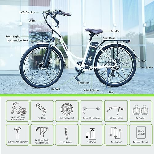 isinwheel 26″ Electric Cruiser Bike 500W Ebike, 36V 13Ah Removable Battery, Up to 55+ Miles, 20MPH Electric Bike for Adults, Professional 7 Speed E-Bike, Electric City Commuter Bicycle (White)