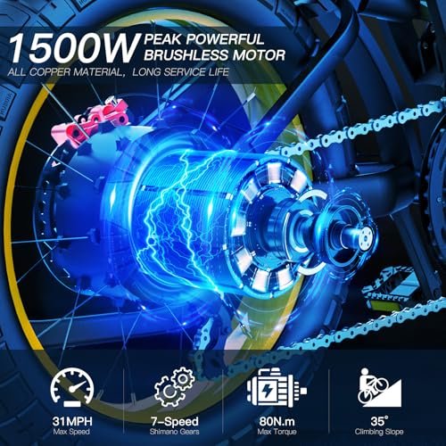 GT20 Electric Bike for Adults, Electric Dirt Bike with 1500W Motor 48V/25Ah Removable Battery, Up to 31MPH & 93 Miles, Electric Motorcycle with 7-Speed, 20″ x 4.0 Fat Tire Ebikes for Adults - Image 5