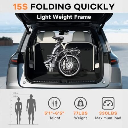 Folding Electric Bike for Adults with Peak 1000W Motor, 48V 15Ah Large Battery up to 30MPH 80 Miles, 20″ Fat Tire All Terrain Ebike, Front Suspension 7-Speed Commuter E Bike, Step-Thru, UL Certified