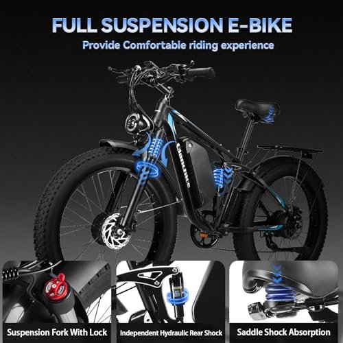 Electric Bike for Adults, Dual Motor 3000W（Peak） 52V23AH Electric Bicycle with 26″X4″Fat Tire, Up to 37MPH 87 Miles Range, Full Suspension Hydraulic Disc Brake E-Bike for Men Women