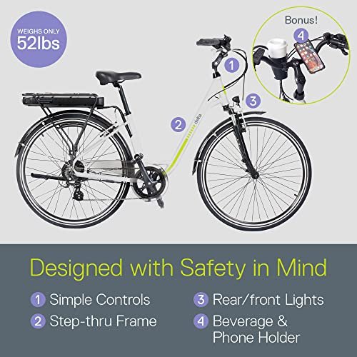 Electric Bike, Delta Cycle rDrive Ebike – 396Wh Lithium-Ion Battery, 55 Miles On A Single Charge – 7 Speed Shimano Gear System, Front & Rear V-Brakes – Safety Lights, Storage Rack & Kickstand