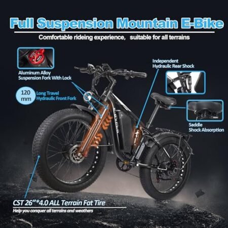 E·Bycco Dual 1000W Motors 2000W Electric Bike for Adults, 37MPH 52V 23Ah Battery Electric Bicycle, Full Suspension 26″*4.0 Fat Tire Hydraulic Disc Brake Ebike, Beach Off-Road Mountain E-Bike for Men