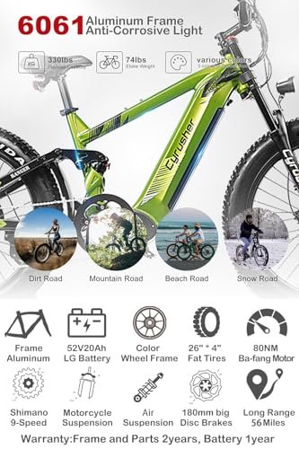 Cyrusher Ranger 26Inch Electric Bike, 52V 20Ah 1040Wh 56Miles EBike, Air Suspension, Hydraulic Disc Brakes, 4Inch Fat Tires - Image 5
