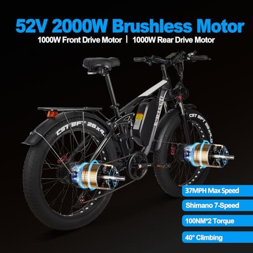 E·Bycco Dual 1000W Motors 2000W Electric Bike for Adults, 37MPH 52V 23Ah Battery Electric Bicycle, Full Suspension 26″*4.0 Fat Tire Hydraulic Disc Brake Ebike, Beach Off-Road Mountain E-Bike for Men - Image 3