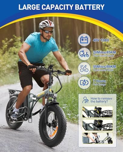 Electric Bike for Adults, 750W Folding Electric Bike, 20″ x 4.0 Fat Tire All-Terrain, 48V 15AH Removable Battery for Electric Bike with 7 Speed for Adults with Rear Rack