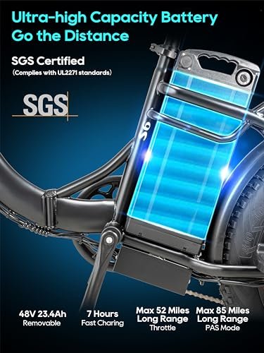 Foldable Electric Bike 1500W Peak Power Ebikes, 48V 23.4Ah Removable Battery, Up to 85 Mile Long Range Electric Bike 28MPH 3A Fast Charger 7-Speed Commuting Folding Ebike for Men Women - Image 5