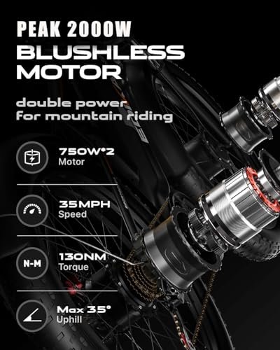 Electric Bike for Adult, Peak 2000W/2500W 35MPH Dual Motors Ebike for Men, 18Ah/19.2Ah 48V Built-in Battery E Bike, 26″ Fat Tire E Bicycle Fit All Terrain 70Miles/85Miles, Dual Hydraulic Brake - Image 5