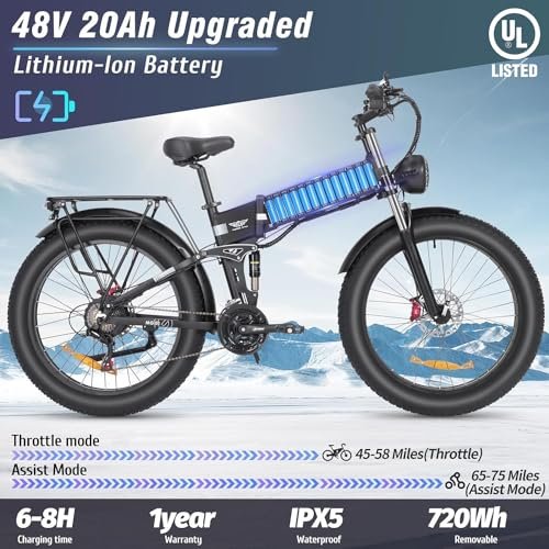 Folding Electric Bike for Adults – 1000/2000W, 30/37MPH Ebike with 48V 15/20AH – 20″/26″ 50/75 Miles – 7-Speed Gears – Beach Mountain Snow Electric Bicycle UL Certified - Image 4
