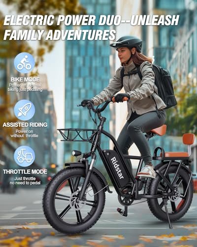 2 Seater Electric Bike for Adults,1500/1000W 30MPH 30-70Miles 48V 15AH Removable Battery Ebike 20″ x 4.0 Fat Tire Beach Mountain Commuting Electric Bicycles W/Fork Suspension UL2849