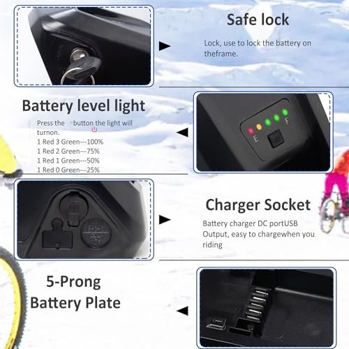 Ebike Battery 36V, 20Ah /15Ah/ 10Ah, Lithium Battery for 200-2000W Motor, Electric Bicycle Lithium-Ion Battery, Led Indicator Light, Safe Lock, with Charger 5 Pin (36V-20AH) - Image 4