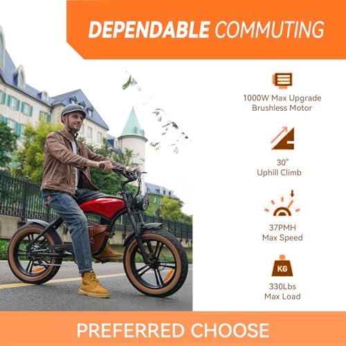 HIDOES B10 Cowboy Style Electric Bike for Adult 1000w Brushless Motor 48V 13AH Battery, 20″×4’Fat Tires Double Brake System 35Miles Max Range 37MPH Max Speed Beach Mountain Off Road Electric Bicycle - Image 5