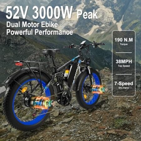 Dual-Motor 4000W/3000W Peak Fat-Tire Electric-Bike for Adults-Women-Men – with 52V 30AH/25AH Battery, 38MPH-42MPH, Full Suspension Ebikes, 24 Inch Dirt Bike for Off-Road Mountain Snow（US Warehouse）