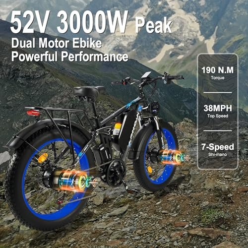 Dual-Motor 4000W/3000W Peak Fat-Tire Electric-Bike for Adults-Women-Men – with 52V 30AH/25AH Battery, 38MPH-42MPH, Full Suspension Ebikes, 24 Inch Dirt Bike for Off-Road Mountain Snow（US Warehouse）