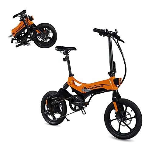 Swagtron Swagcycle EB-7 Elite Plus Folding Electric Bike with Removable Battery, Orange/Black, 16″ Wheels, 7-Speed