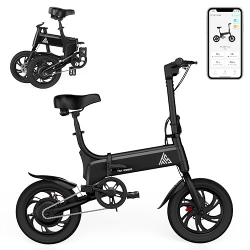TST Folding Electric Bike, Electric Bicycle 18MPH, 500W Peak Motor, Max 18 Miles Range, 14″ Pneumatic Tires, Ebike with Smart LED Screen, App Control, 3 Speed Gear, E Bike for Adults and Teens
