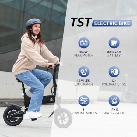 TST Electric Bike for Adults, 12″ Folding Electric Bicycle, Max Speed 16MPH Mini Bike, 450W Peak Motor, Max 15 Miles Range, Ebike with Disc Brakes, Pedal-Assist, UL2849 Certification