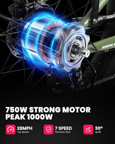 VEEFA Electric Bike for Adults 750W/Peak 1000W Motor 48V 13AH Removable Battery Electric Bicycle 26″ x 4.0″ Fat Tire Mountain Ebike 28MPH E Bike 7-Speed UL 2849 Certified