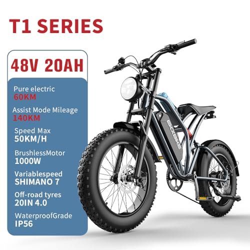 T1 Electric Bike for Adults 48V 15/20AH Lithium Battery 1000W Off Road Snow Urban Commuter Electric Bicycle, 30MPH,Shamano 7-Speed, 20″ Fat Tire Electric Dirt Bike for Adults