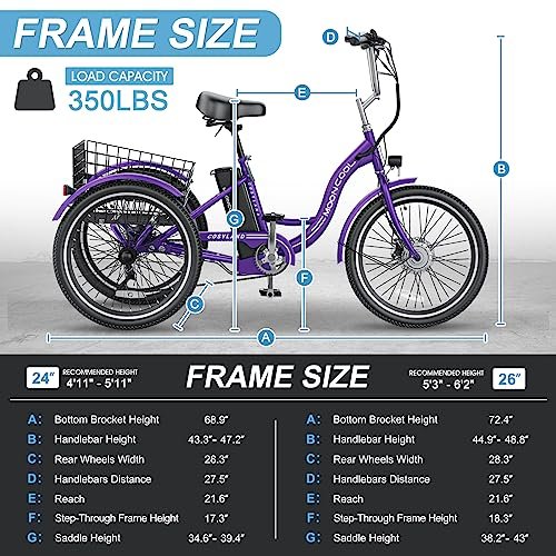 NAIZEA Electric Tricycle Adult Electric Bicycles, 350W 36V Electric Trike, 24″ 26″ 3 Wheel Electric Bike Ebike E Bicycle with Removable Battery, Motorized Trike with Basket for Women Men