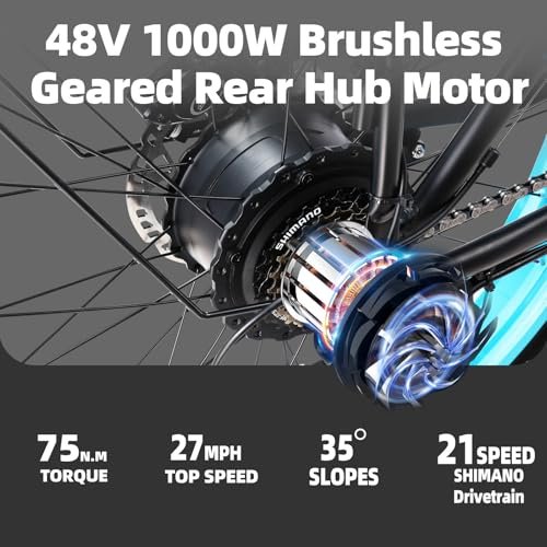 KETELES Electric Bike for Fathers, 1000W Motor 26 Inch Fat Tire Mountain Ebike, 28 MPH 13AH 48V Battery Bicycle 21 Speed Electric Dirt E Bikes