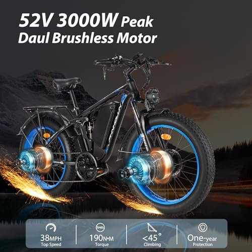 PHNHOLUN-Seeker24 Dual-Motor-Ebike 38MPH-52V-50AH/25AH 24″ Fat Tire Men Electric Motorcycle for Women Adults Teens Electric Mountain Bike for Beach Snow – US Warehouse - Image 3