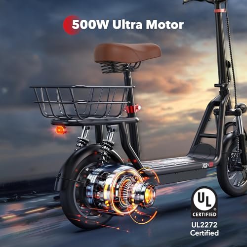 iScooter Electric Scooter with Seat, 34/21 Miles Long Range & 28/15.6 Mph Top Speed, 14″/12” Pneumatic Tire, Height Adjustable Seat &Handlebar, Dual Suspensions Commuting Scooter with Basket