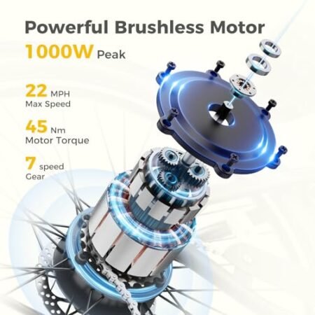 Jasion CB1 Electric Bike for Adults, 1000W Motor Peak Ebike, 450Wh Removeable Battery, 26” City Cruiser Bicycle, 22 MPH Commuter Women Ebike, 7-Speed Gear