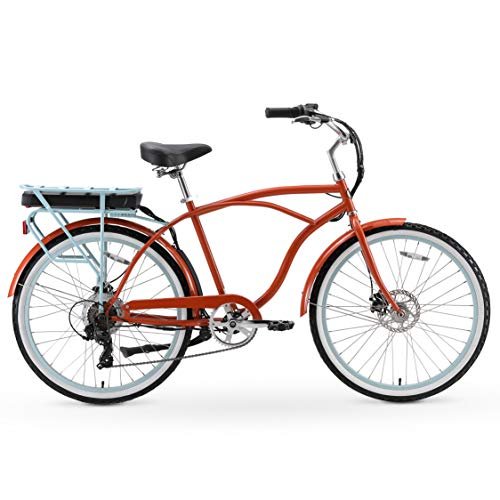 sixthreezero Around The Block Men’s Electric Bicycle, 7-Speed Beach Cruiser eBike with Rear Rack, 500/250 Watt Motor, 26 Inch Wheels, Multiple Colors