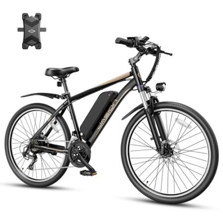 Jasion EB-X 26″ Electric Bike for Adults, with Phone Holder, 850 W Peak Brushless Motor, 21 Speed Gear, 25 MPH Ebike, 450 Wh Removable Battery Electric Mountain Bike, Commuting E Bike, Fork Suspension