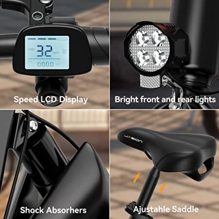 Jasion EB3 Electric Bike Adults 21mph, 500W Peak Motor, 270Wh Battery, Rear Suspension, 3 Levels Assist, 14″ Folding Ebike for Adults and Teens, Complies to UL2849