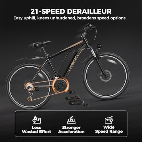 Jasion EB-X 26″ Electric Bike for Adults, with Phone Holder, 850 W Peak Brushless Motor, 21 Speed Gear, 25 MPH Ebike, 450 Wh Removable Battery Electric Mountain Bike, Commuting E Bike, Fork Suspension - Image 4