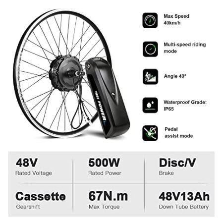 Yose Power Waterproof 500W Ebike Conversion Kit with 48V 13Ah Battery for Cassette/Freewheel 26″ Electric Bike Rear Wheel, Electric Bicycle Hub Motor Kit, LED Display, Installation Tool