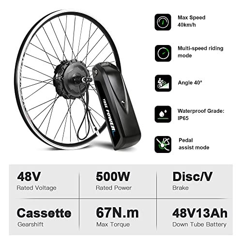 Yose Power Waterproof 500W Ebike Conversion Kit with 48V 13Ah Battery for Cassette/Freewheel 26″ Electric Bike Rear Wheel, Electric Bicycle Hub Motor Kit, LED Display, Installation Tool