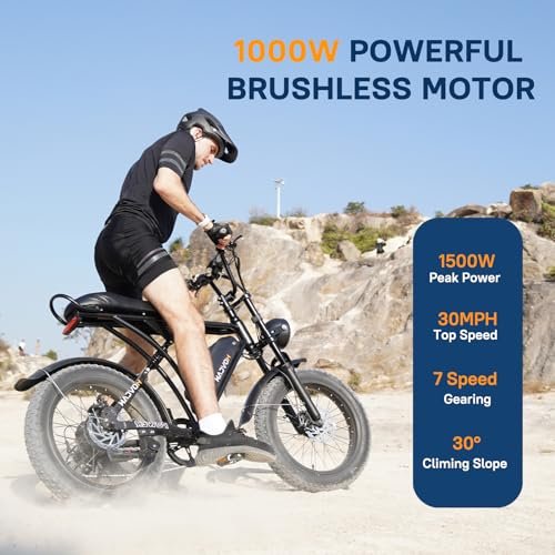 V60/V60 Pro Electric Bike, 48V 15.6/18.2Ah Removable Battery 20” Fat Tire Electric Bike, 1000/1500W Motor 30/33MPH Top Speed Electric Motorcycle, 7 Speed Dual Disc/Hydraulic Brake E Bikes