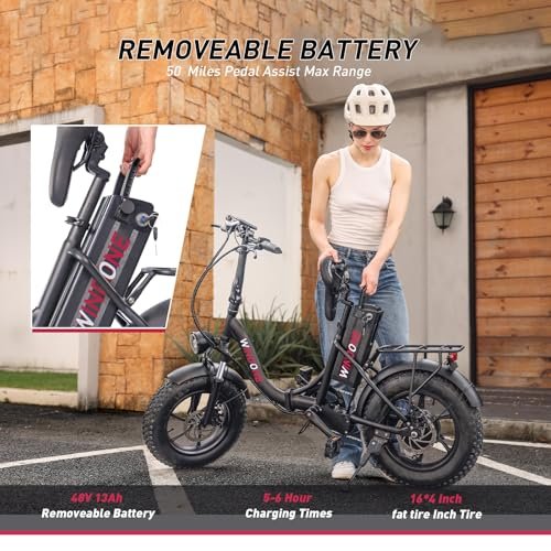 S16 Electric Bike for Adults, Max 22MPH Speed & 50 Miles Range (PAS), 750W Peak Motor Ebike with 48V/13Ah Removable Battery, 16″ x 4.0 Fat Tire and Shock Absorber,UL Certified
