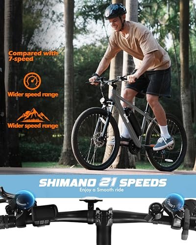 Racer Electric Bike for Adults – 21-Speed Mountain Lightweight Ebike with 500W Peak Brushless Motor, 375Wh Removable Battery, 26X2.1 Tire Step Over E-MTB,E Bikes Grey with Rear Rack& Guards - Image 4