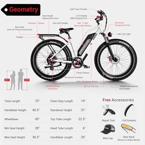 Himiway Cruiser Electric Bike, 750W 50 Miles 48V 15Ah Battery 26″x4″ Fat Tire,25MPH Top Speed, 7 Speed, 350LBS Payload,UL Certified
