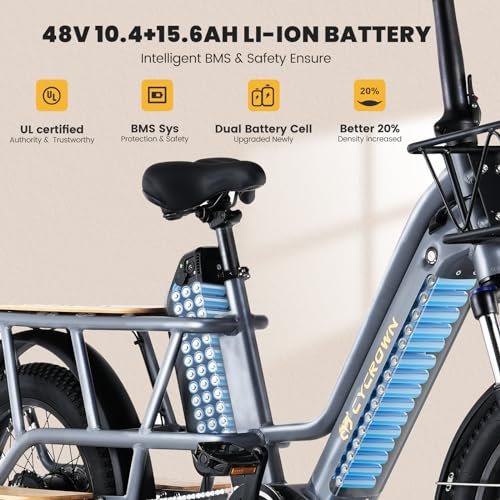 Wagen Electric Bike for Adults, 1000W Cargo E Bike with 48V 15.6+10.4AH Dual Battery, 28MPH 120Miles Step-Thru Design E Bike for Adults, 20″ Fat Tire Cargo Electric Bicycle - Image 4