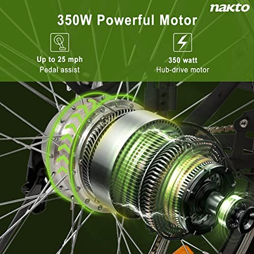 NAKTO Electric Bike for Adults 26″ 250/350W Electric Bicycle for Man and Women with High Speed Brushless Gear Motor 6-Speed Gear Speed E-bike with Removable Waterproof 36V10A/12A Battery