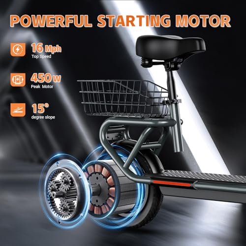 TST Electric Scooter with Seat for Adult, 20 Miles Range&19 Mph Power by 650W Peak Motor, 12″ Pneumatic Tire&Height Adjustable Seat, Foldable Commuter Scooter with Hook&Carry Basket - Image 4