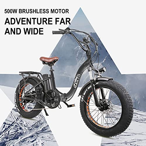 NAKTO 20″ Electric Bike for Adults, Fat Tire E-Bike with 500W Powerful Rear Hub Motor and Disc Brakes, Folding Electric Bicycle with Charger Lock