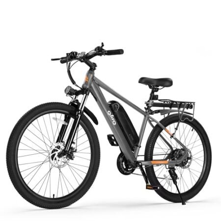Racer Electric Bike for Adults – 21-Speed Mountain Lightweight Ebike with 500W Peak Brushless Motor, 375Wh Removable Battery, 26X2.1 Tire Step Over E-MTB,E Bikes Grey with Rear Rack& Guards