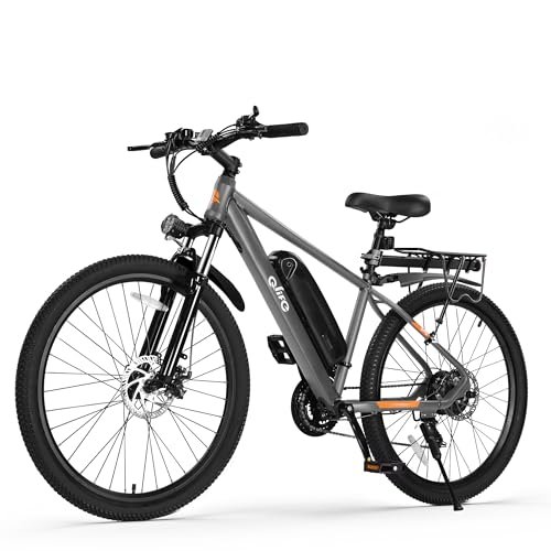 Racer Electric Bike for Adults – 21-Speed Mountain Lightweight Ebike with 500W Peak Brushless Motor, 375Wh Removable Battery, 26X2.1 Tire Step Over E-MTB,E Bikes Grey with Rear Rack& Guards