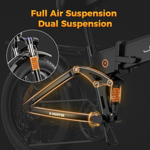 Jasion X-Hunter Electric Bike for Adults,1400W Peak Motor 30MPH Max Speed 48V 13AH Removable Battery, Full Suspension Design 20”*4.0 Fat Tire 7-Speed Bicycles with Front Basket and Saddle Bag