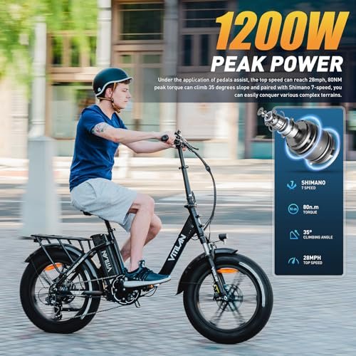 VITILAN 1200W Peak Electric Bike for Adults, U7 2.0 Folding 20*4.0 Inch Fat Tire Ebike, 48V 20AH Sam-Sung Removable Battery Max Range 80Miles&28Mph, Step-Through Electric Bicycle With Dual Suspension - Image 5