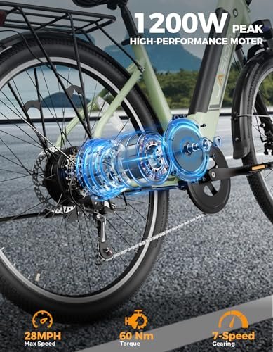 Jasion Roamer ST Electric Bike for Adults, 1200W Peak Motor Max 62miles & 28MPH City Cruiser Ebike,26” Commuter Ebike, 528WH Removable Battery,7-Speed Electric Bicycles, Front Suspension Bicycles - Image 6