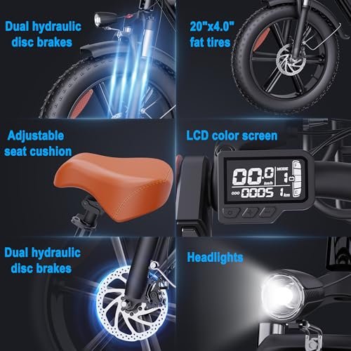 YVY Electric Bike for Adults with Rear Seat and Front Basket, 1000W 48V 15Ah – LCD Color Screen – F/R Disc Brake – Front Fork Shock Absorption – 20″x4.0″Fat Tire All Terrain Commuting E-Bike – 2 Seats - Image 5