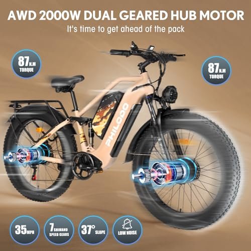PHILODO Electric Bike for Adults, Dual Motor Fat Tire Ebike 2 * 1000W Dual Battery Electric Bicycles 48V 46AH with Full Suspension Hydraulic Disc Brakes 35MPH - Image 5